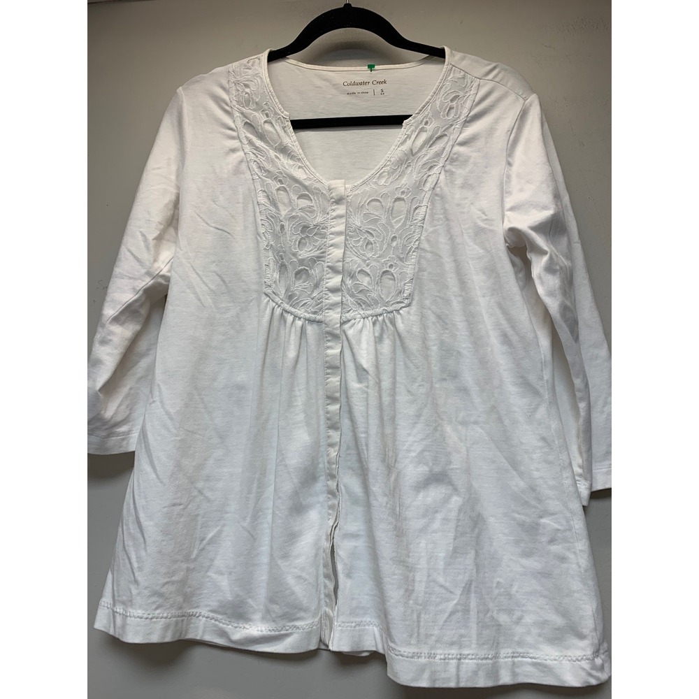Coldwater Creek Tunic Top Womens Small White Excellent Lace Bib 3/4 Sleeve